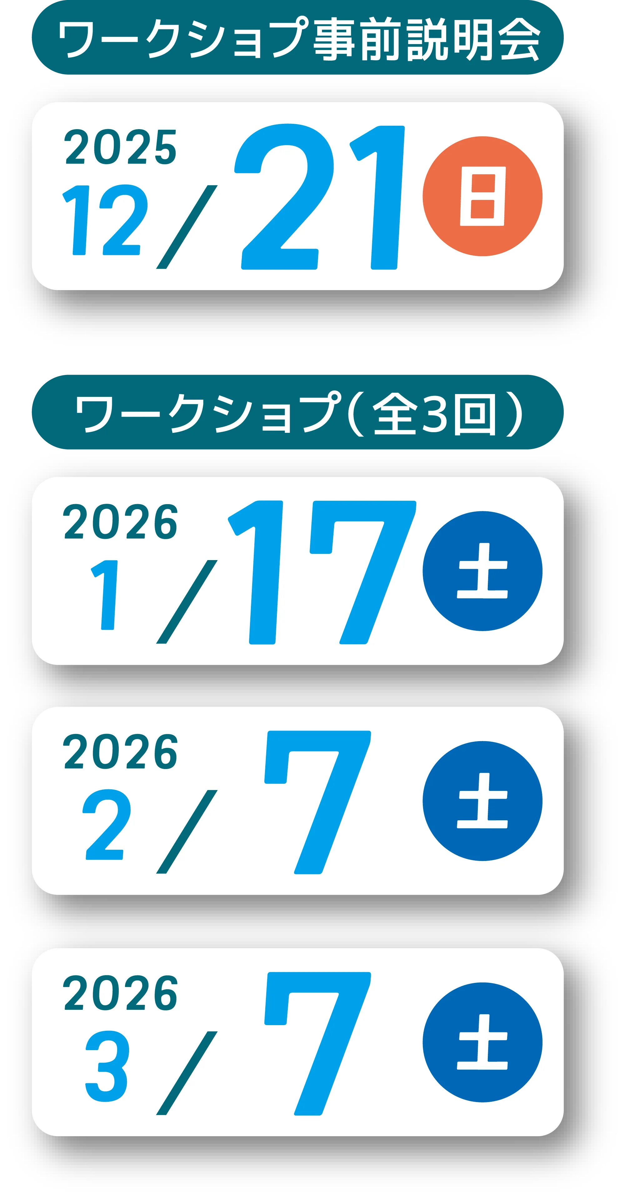 事前説明会(2025年)12月21日(日)/ ワークショプ(2026年)1回目：1月17日(土)、2回目：2月7日(土)、3回目：3月7日(土)